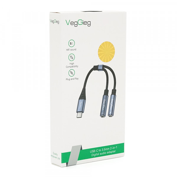 Перехідник VEGGIEG V-K204, 1/Type-C(Male) to=> 2/Jack 3.5mm(F)(навушники + мікрофон), Black/Silver, Box
