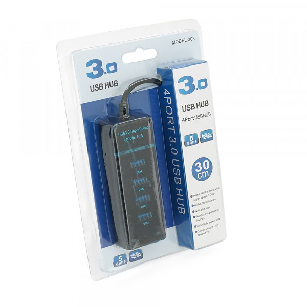 Хаб USB 3.0 UH-303, 4 порту, підтримка до 1TB, Black, Blister
