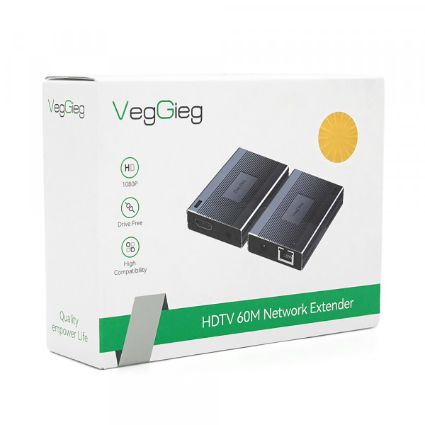 Активний VEGGIEG V-HE60 HDMI 2*1 конвертер 60m, HDMI 1080P, LAN CAT 5E/6At, Grey, Box