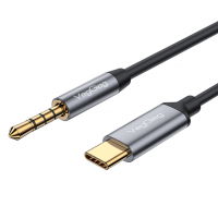Кабель VEGGIEG V-A624 TypeC => 3.5mm (тато), GOLD Jack, круглий, Gray, 1м, Пакет