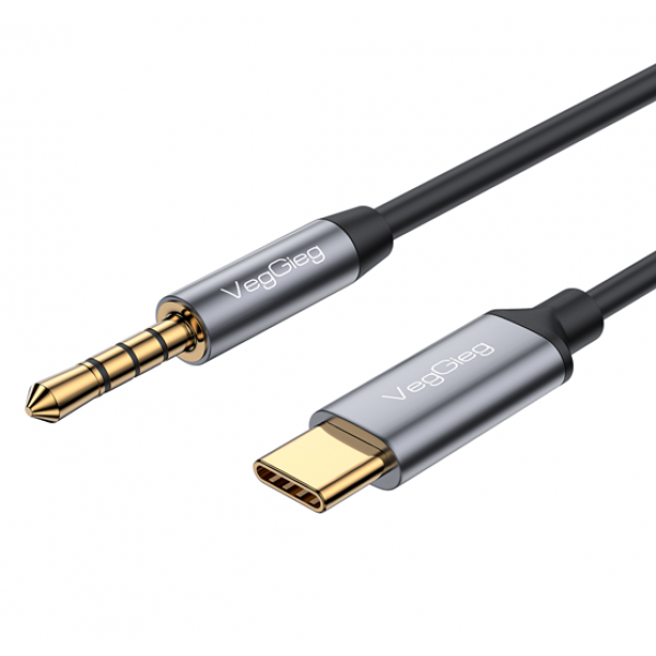Кабель VEGGIEG V-A624 TypeC => 3.5mm (тато), GOLD Jack, круглий, Gray, 1м, Пакет