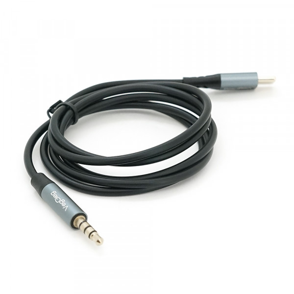 Кабель VEGGIEG V-A624 TypeC => 3.5mm (тато), GOLD Jack, круглий, Gray, 1м, Пакет