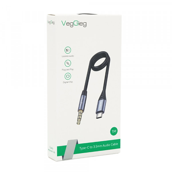 Кабель VEGGIEG V-A624 TypeC => 3.5mm (тато), GOLD Jack, круглий, Gray, 1м, Пакет