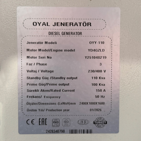 Дизельний генератор OYAL OYY-110 YANG DONG Y4110ZLD 110 кВА/88KW, генератор змінного струму OYL274c, витрата 75% навантаження — 12,5 літрів/год, 230/400 В, 50 Гц (AVR+ATS) 2800*1000*1500 мм, 1220 кг, 195 л
