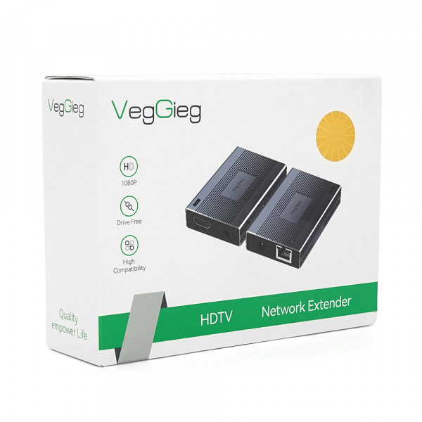 Активний VEGGIEG V-HE120 HDMI 2*1 конвертер 120m, HDMI 1080P, LAN CAT 5E/6At, Grey, Box