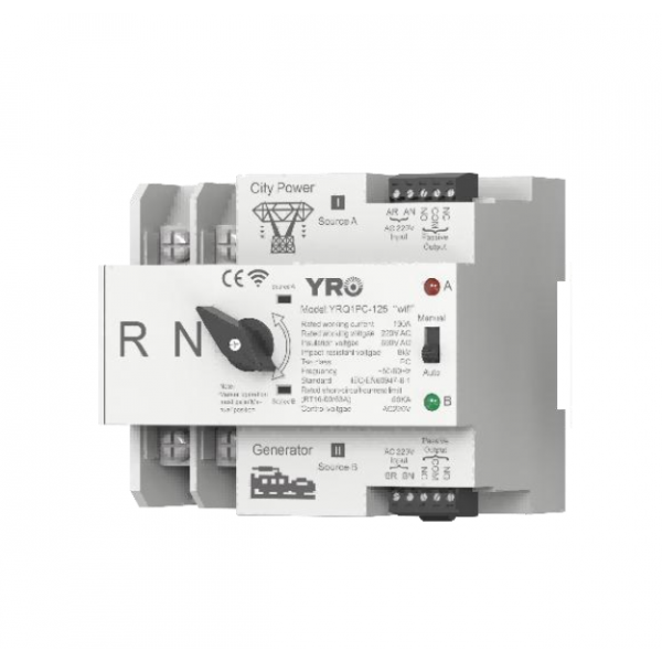 Автомат введення резерву (АВР) двополюсний YRQ2PC-125 Wifi ATS, 2P 125A 220V, E-Welink App на DIN-рейку для генераторів