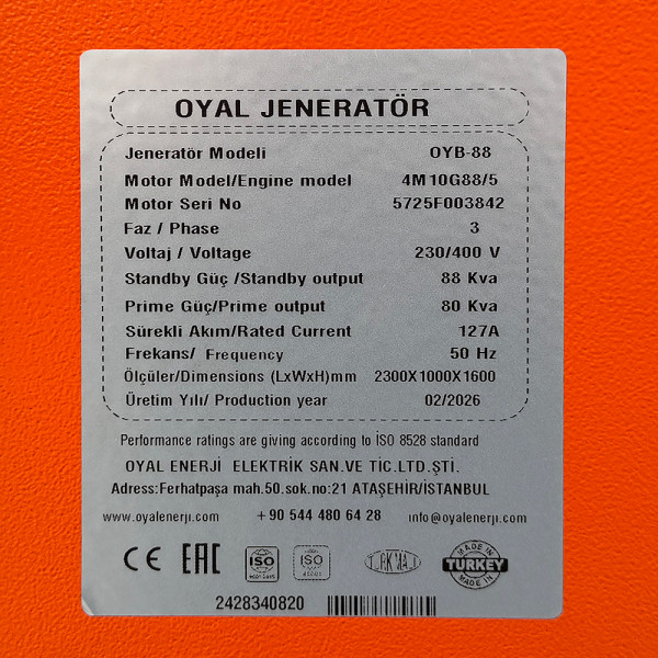 Дизельный генератор OYAL OYB-85 BAUDOUIN 4M10G70-5 88KVA/70 кВт, генератор переменного тока OYL225FS, расход 75% нагрузки — 13,5 литров/час, 230/400 В, 50 Гц (AVR+ATS), 2800x1000x1500 мм, 1325 кг, 195 л