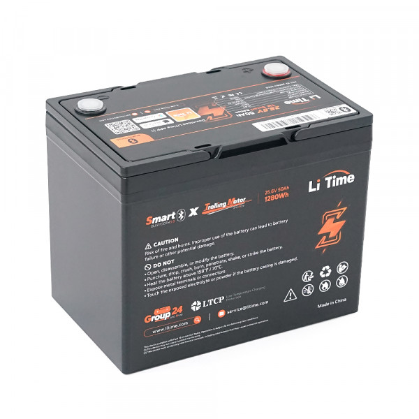 Акумуляторна батарея Li-TIME LiFePO4 25.6V 50Ач 1280Wh Bluetooth 5.0, 6000Cycles, BMS50A, ≤40mΩ, IP65, L206*B168*H211 mm, 9.6 kg