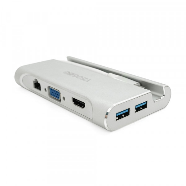 Хаб-конвертор VEGGIEG TC07-S Type-C (тато) на Type-C (мама) + USB3.0 * 3 (мама) + HDMI (мама) + RJ45, 10см, Silver, Box