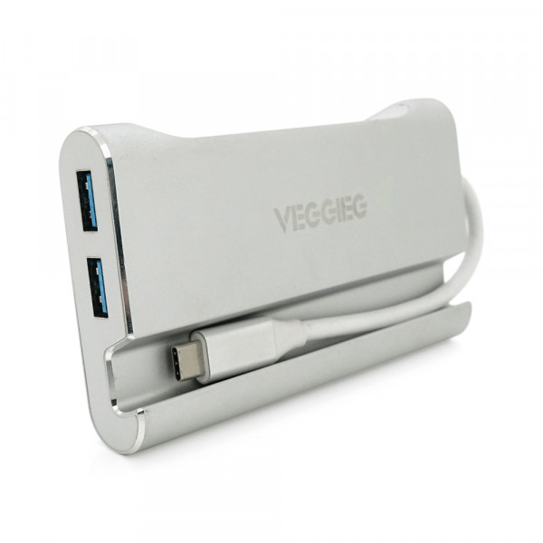 Хаб-конвертор VEGGIEG TC07-S Type-C (тато) на Type-C (мама) + USB3.0 * 3 (мама) + HDMI (мама) + RJ45, 10см, Silver, Box