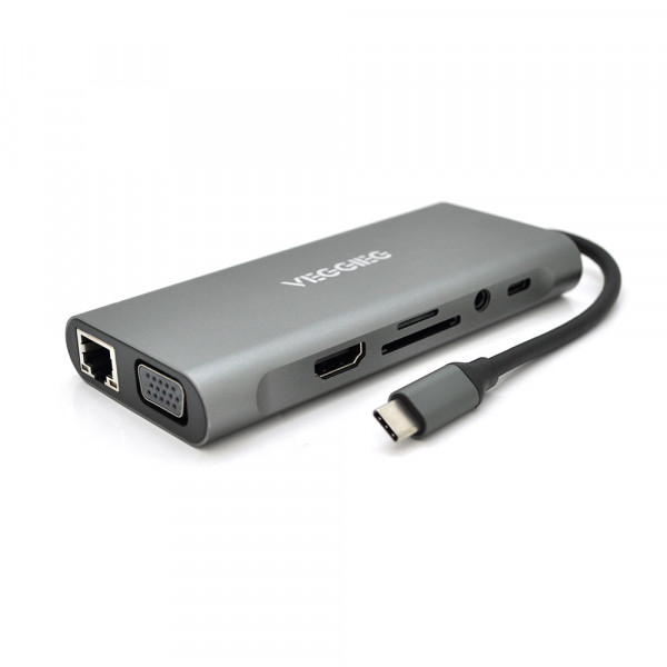 Хаб-конвертор VEGGIEG TC11-S Type-C (тато) на Type-C(мама) + USB3.0*3(мама) + HDMI(мама) + jack3.5(мама) + SD/TF + RJ45, 10 см, Silver, Box