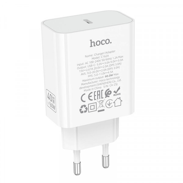 СЗУ 110-240V HOCO C162A 1xUSB-C, PD40W, White, Blister