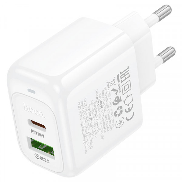 Набір СЗУ HOCO CS54A+ кабель Type-C/Type-C, 1xUSB+1xUSB-C, PD20W+QC3.0, кабель 1м, White, Box