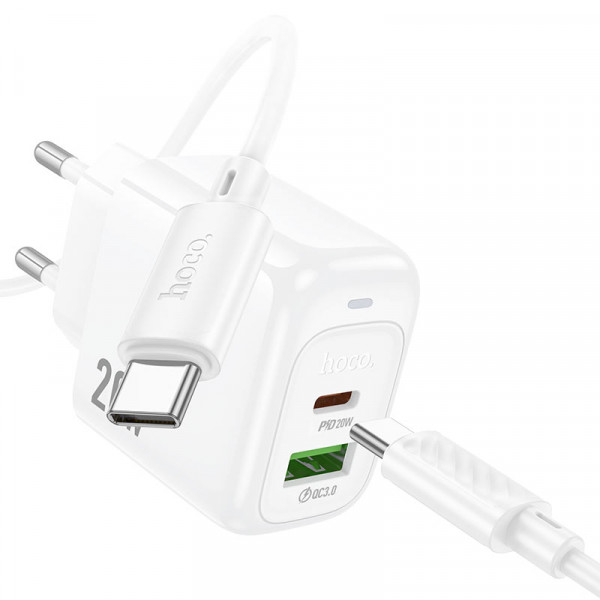 Набір СЗУ HOCO CS54A+ кабель Type-C/Type-C, 1xUSB+1xUSB-C, PD20W+QC3.0, кабель 1м, White, Box