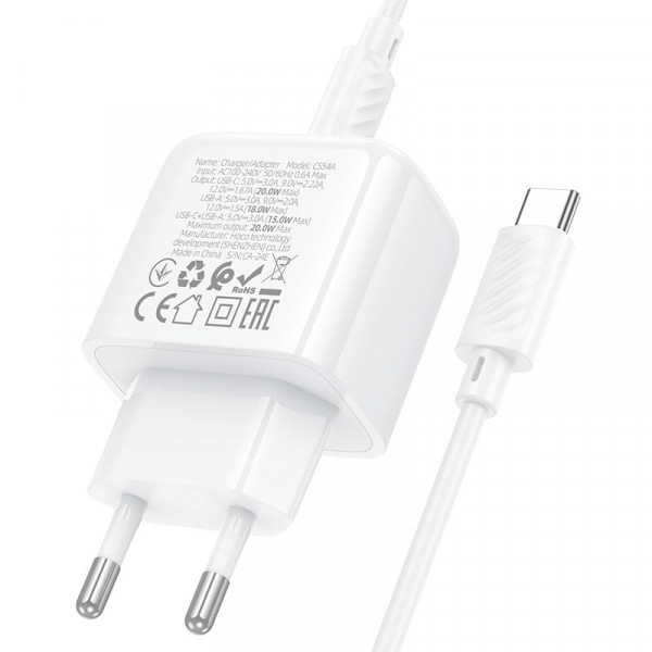 Набір СЗУ HOCO CS54A+ кабель Type-C/Type-C, 1xUSB+1xUSB-C, PD20W+QC3.0, кабель 1м, White, Box