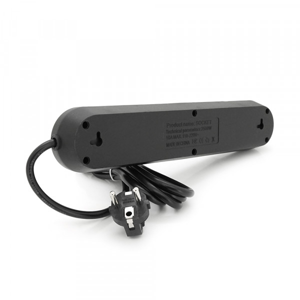 Мережевий фільтр F01U, 2 розетки EU + 2 розетки Universal + 3 USB, 1.5 м, перетин 3х0, 75мм, 2500W, Black, Box