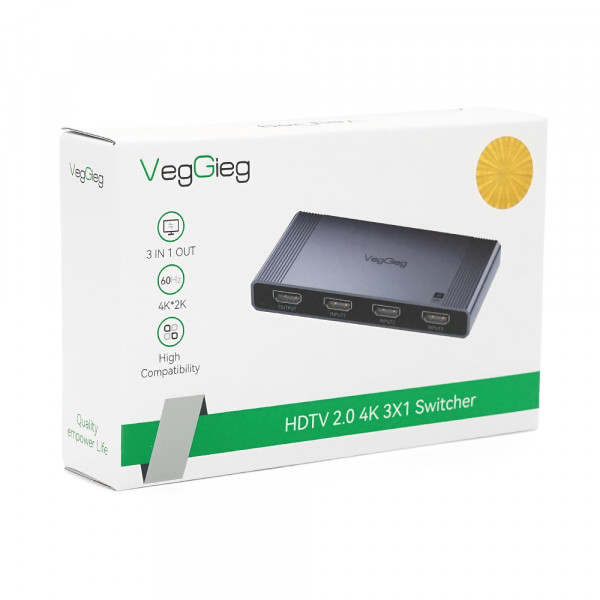 Комутатор VEGGIEG V-HD10 HDMI 1*3, HDTV2.0 4K, Grey, Box