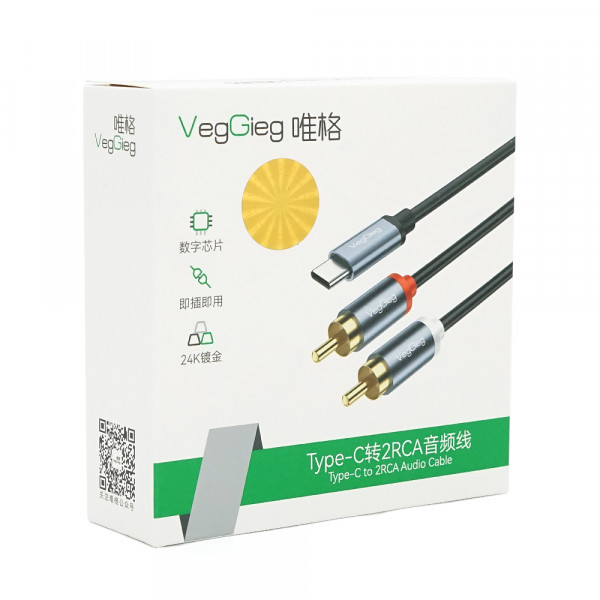 Кабель VEGGIEG V-A621 TypeC => 2хRCA (тато), GOLD Jack, круглий, Gray, 1.5 м, Пакет