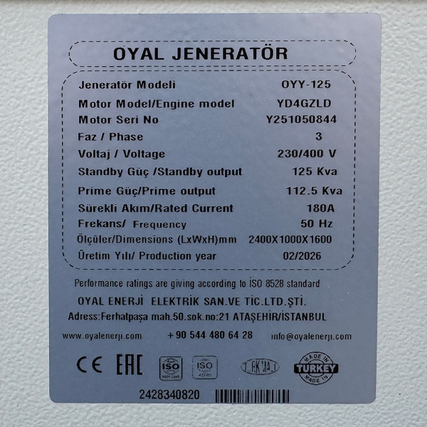 Дизельний генератор OYAL OYY-125 YANG DONG YD4GZLD 125KVA/100KW, Альтернатор OYL274D, витрата 75% навантаження - 13,6 літрів/годину, 230/400 В, 50 Гц (AVR+ATS) 2800*1000*1500 мм, 1250 кг, 220 л