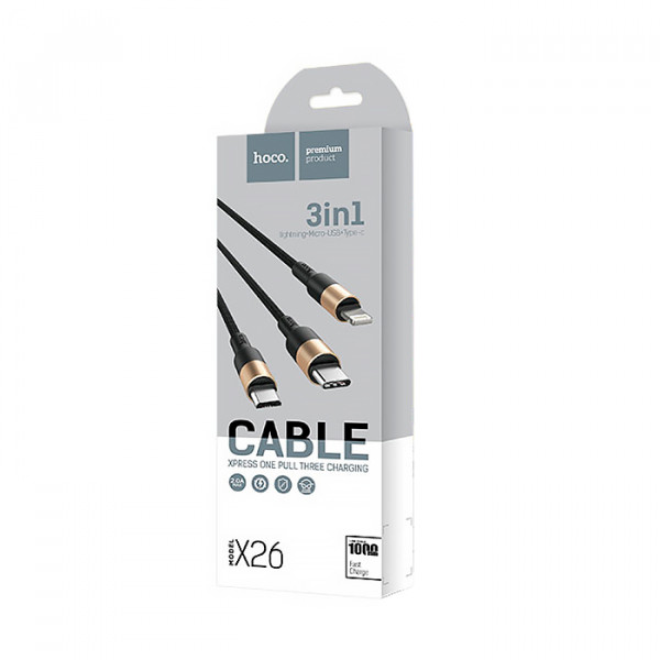 Кабель HOCO X26 USB-1 3 in 1 Micro/Iphone/Type-C, 2A, довжина 1м, Black/Gold, Box