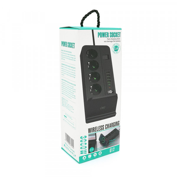 Мережевий фільтр із захистом від перенапруги G12, 4 розетки + 4 USB 3.2A + 2 Type-C + бездротова зарядка, 2 м, Black, Box