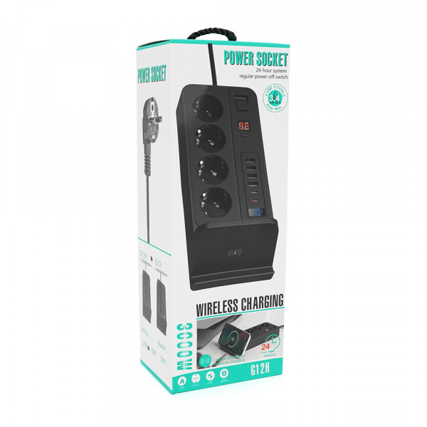 Мережевий фільтр із захистом від перенапруги G12H, 4 Socket + 4 USB 3,2А + 2 Type-C + бездротова зарядка + таймер, 2м, Black, Box