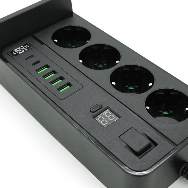 Мережевий фільтр із захистом від перенапруги G12H, 4 Socket + 4 USB 3,2А + 2 Type-C + бездротова зарядка + таймер, 2м, Black, Box