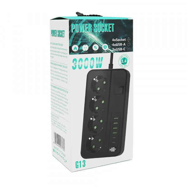 Мережевий фільтр із захистом від перенапруги G13H, 3000W, 4 Socket + 4 USB 3,2А + 2 Type-C + таймер, 2м, Black, Box