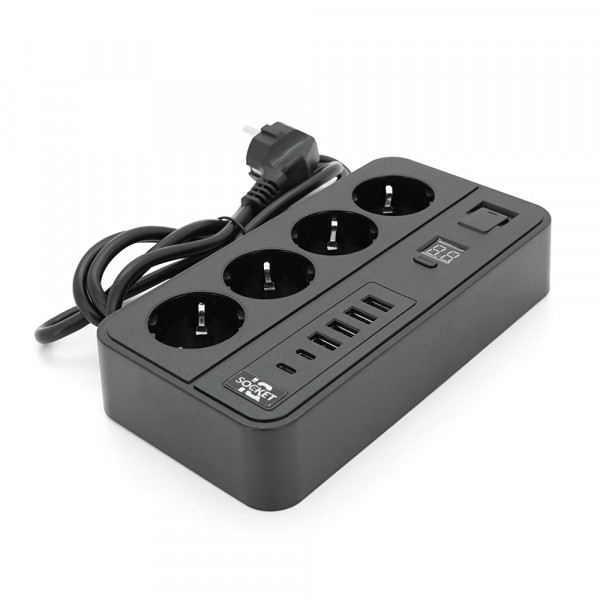 Мережевий фільтр із захистом від перенапруги G13H, 3000W, 4 Socket + 4 USB 3,2А + 2 Type-C + таймер, 2м, Black, Box