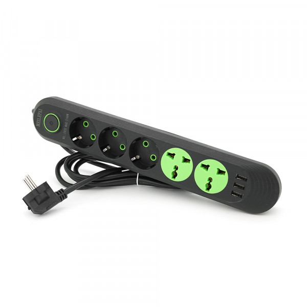 Мережевий фільтр F02U, 3 розетки EU + 2 розетки Universal + 3 USB, 1.5 м, перетин 3х0, 75мм, 2500W, Black, Bag