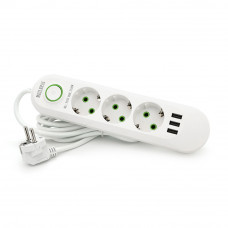 Мережевий фільтр F03U, 3 розетки EU + 3 USB, 1.5 м, перетин 3х0, 75мм, 2500W, White, Bag