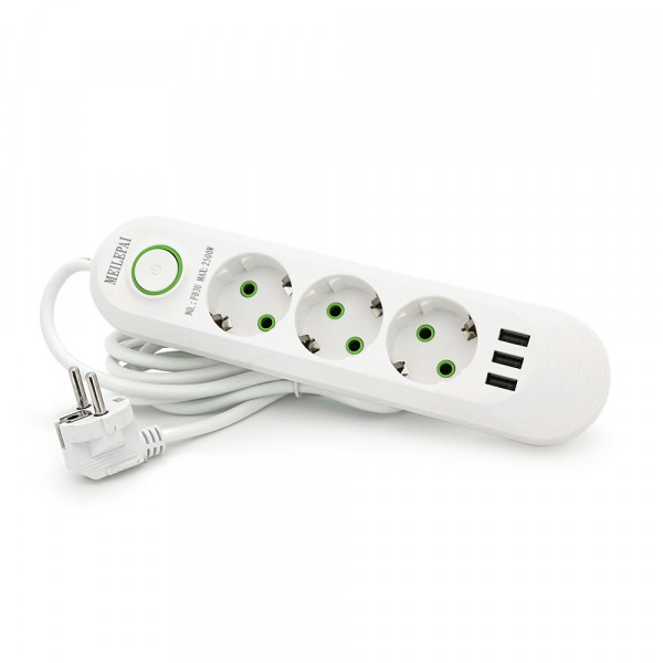 Мережевий фільтр F03U, 3 розетки EU + 3 USB, 1.5 м, перетин 3х0, 75мм, 2500W, White, Bag
