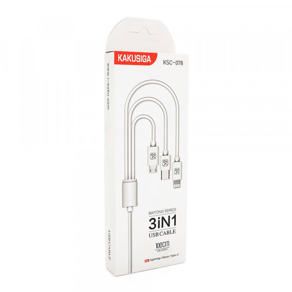 Кабель KSC-078 BAITONG charging data cable3 in 1 Micro / Iphone / Type-C, довжина 1м, White, BOX