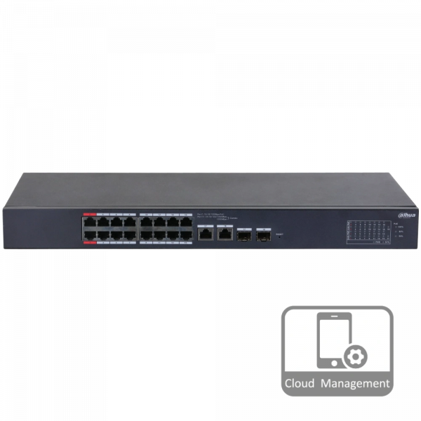 16-портовий керований PoE комутатор DH-CS4218-16ET-190 з 16 портами POE 100Мбіт + 2/UP-Link 1000Мбіт + 2/SFP 1000Мбіт, 190Вт, 440x220x44 мм