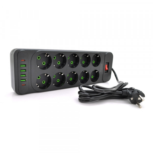 Мережевий фільтр F35U, 10 розеток EU + 4 USB + 2 PD, кнопка включення з індикатором, 2 м, 3х0,75 мм, 2500W, Black, Box