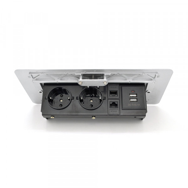 Розетка для підлоги висувна із заземленням J29L, дві розетки + 2 * USB + 2* RJ45, Input: AC 100-250V 16A, Silver