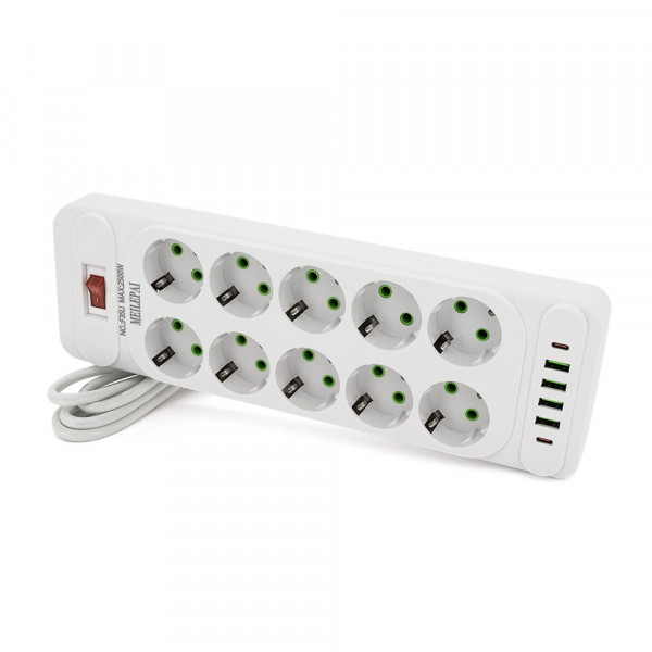Мережевий фільтр F35U, 10 розеток EU + 4 USB + 2 PD, кнопка включення з індикатором, 2 м, 3х0,75 мм, 2500W, White, Box