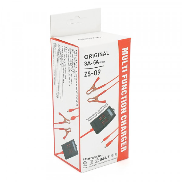 Портативний HUB ZS-09-2 із крокодилами на 5*USB2.0 (2.4A), led, живлення 12В, Black, Box
