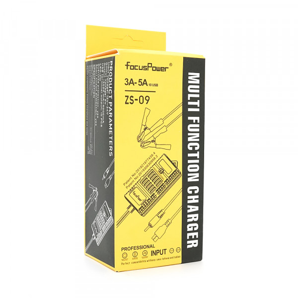 Портативний HUB ZS-09/2 із крокодилами на 10*USB2.0 (3A-5А), led, живлення 12В, Black, Box