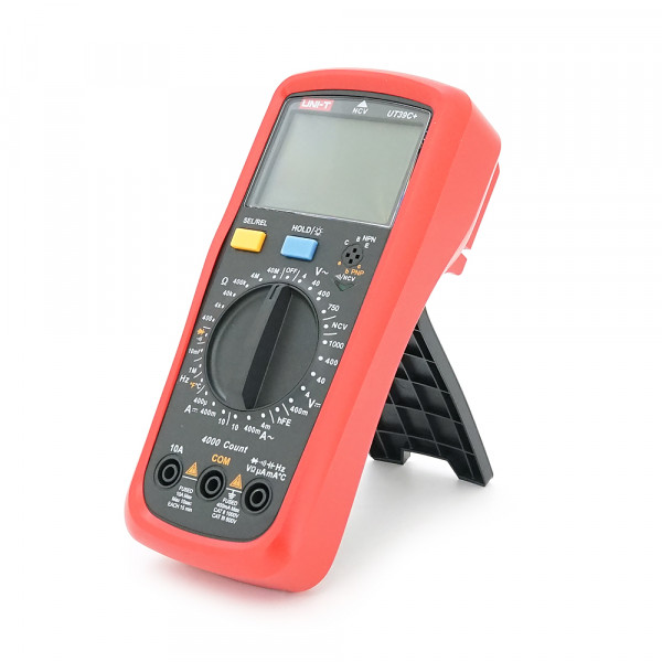 Мультиметр UNI-T UT39C+: вимірювання V~, V-, A~, A-, Ω, F, C, °C/°F, hFE. Функції NCV, продзвонювання, діоди, утрим. Габарити 175 83 53 мм. Вага 330