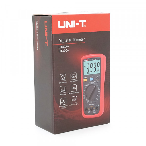 Мультиметр UNI-T UT39C+: вимірювання V~, V-, A~, A-, Ω, F, C, °C/°F, hFE. Функції NCV, продзвонювання, діоди, утрим. Габарити 175 83 53 мм. Вага 330