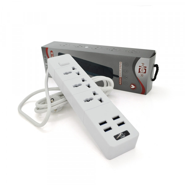 Мережевий фільтр ТВ-Т08, 3 розетки + 4 USB, 2 м, перетин 3х0,5мм, 2500W, White, Box