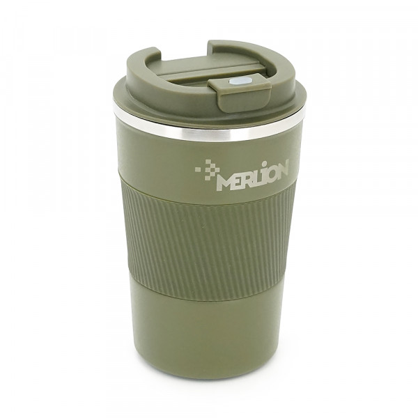 Термокухоль Merlion з нержавіючої сталі, об'єм 380 мл., зелений, з силіконовим чохлом та відкидною кришкою