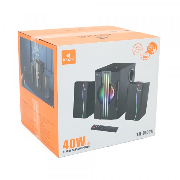 Колонки 2.1 Kisonli TM-9100A, для ПК та ноутбука, живлення 220V + jack 3.5mm, 5W+2x3W, 20Hz-20KHz, з сабвуфером, bluetooth, Black, BOX,