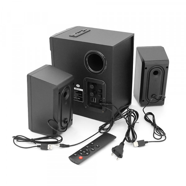 Колонки 2.1 Kisonli TM-9100A, для ПК та ноутбука, живлення 220V + jack 3.5mm, 5W+2x3W, 20Hz-20KHz, з сабвуфером, bluetooth, Black, BOX,