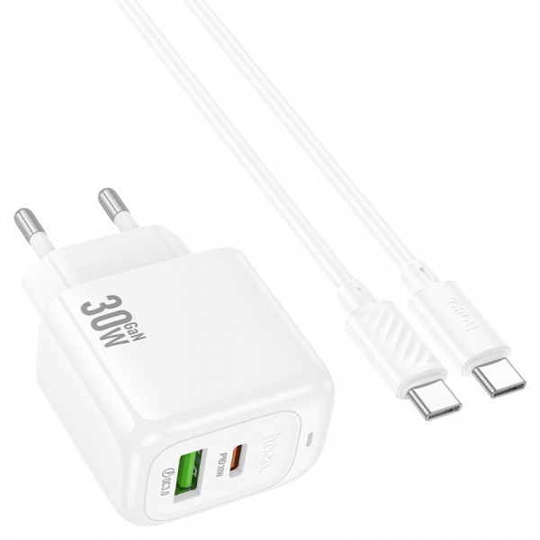 Набір СЗУ HOCO CS55A + кабель Type-C/Type-C 1xUSB+1xUSB-C, PD30W+QC3.0, кабель 1м, White, Box