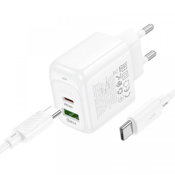 Набір СЗУ HOCO CS55A + кабель Type-C/Type-C 1xUSB+1xUSB-C, PD30W+QC3.0, кабель 1м, White, Box