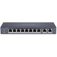 10-портовий некерований POE комутатор Hikvision DS-3E0310P-E/M(B), 8x(100Мбіт/с)PoE + 2x(1000Мбіт/с), 218×28×109 мм