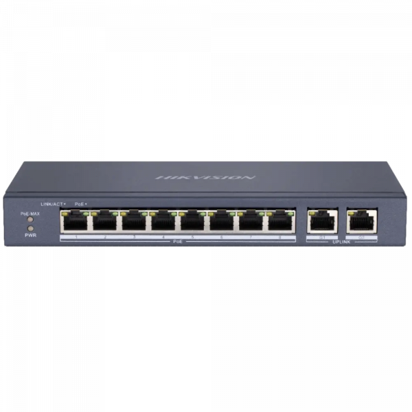 10-портовий некерований POE комутатор Hikvision DS-3E0310P-E/M(B), 8x(100Мбіт/с)PoE + 2x(1000Мбіт/с), 218×28×109 мм