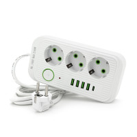 Фільтр мережі F09U, 3 розетки EU + 4 USB + 1PD, кнопка включення з індикатором, 2 м, 3х0,75мм, 2500W, White, Box